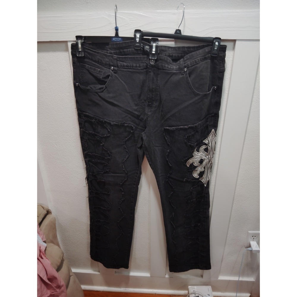 Rebel Vengeance Mens Distressed Skull Flame Embroidered Jeans Black 44X33 Y2K